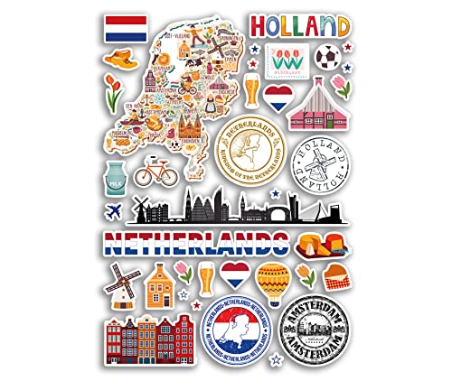 A4 Aufkleberbogen Niederlande Sehenswürdigkeiten Vinyl Aufkleber – Holland Stadtkarte Flughafenstempel Skyline Flagge Reise Urlaub Kultur Ästhetisch #79985 von DV DESIGN