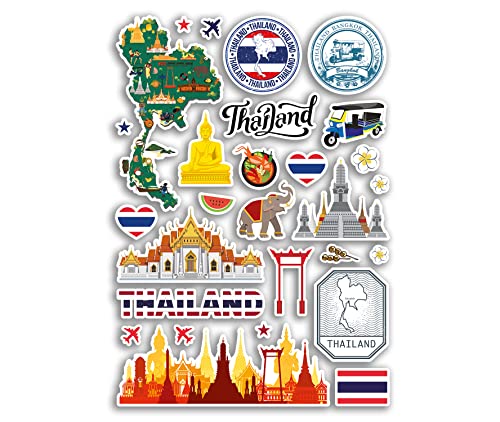 A4 Aufkleberbogen Thailand Sehenswürdigkeiten Vinyl Aufkleber – Bangkok Stadtkarte Flughafenstempel Land Skyline Flagge Reisen Urlaub Kultur Ästhetik #79979 von DV DESIGN