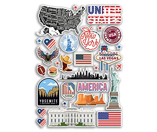 A4-Aufkleberbogen, Wahrzeichen der Vereinigten Staaten, Vinyl-Aufkleber – USA, Amerika, New York, Vegas, Stadtkarte, Flughafen, Stempel, Skyline, Flagge, Reisen, Urlaub, Kultur, Ästhetik, #79984 von DV DESIGN