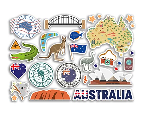 A5 Aufkleberbogen Australien Sehenswürdigkeiten Vinyl Aufkleber – Australische Karte Flughafenstempel Skyline Flagge Reisen Urlaub Land Stadt Ästhetik #80289 von DV DESIGN
