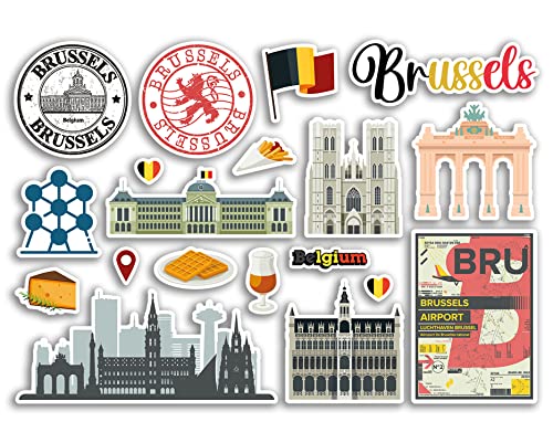 A5 Aufkleberbogen Brüssel Sehenswürdigkeiten Vinyl Aufkleber – Belgien belgische Flughafen Briefmarken Skyline Flagge Karte Reise Urlaub Scrapbooking Stadt Gepäck #79133 von DV DESIGN