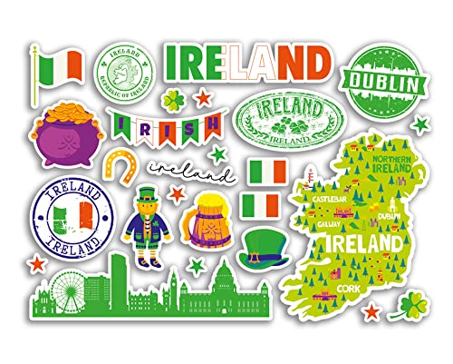 A5 Aufkleberbogen Irland Sehenswürdigkeiten Vinyl Aufkleber – helle irische Karte Flughafen Skyline Stempel Flagge Reisen Urlaub Land Stadt Ästhetik #80416 von DV DESIGN