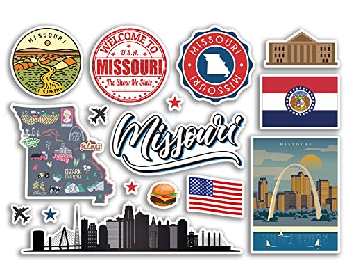 A5 Aufkleberbogen Missouri Sehenswürdigkeiten Vinyl Aufkleber – Amerika Staaten USA Amerikanische Flughafen Briefmarken Skyline Flagge Karte Reise Urlaub Scrapbooking Stadt Gepäck #79180 von DV DESIGN