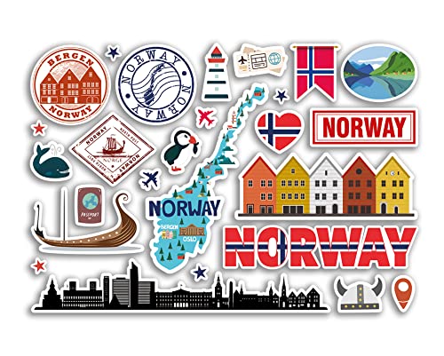 A5 Aufkleberbogen Norwegen Sehenswürdigkeiten Vinyl Aufkleber – Norwegische Karte Flughafen Stempel Skyline Flagge Reise Urlaub Land Stadt Ästhetik #80373 von DV DESIGN