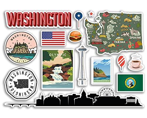 A5 Aufkleberbogen Washington Sehenswürdigkeiten Vinyl Aufkleber – Amerika Staaten USA Amerikanische Flughafen Briefmarken Skyline Flagge Karte Reise Urlaub Scrapbooking Stadt Gepäck #79198 von DV DESIGN