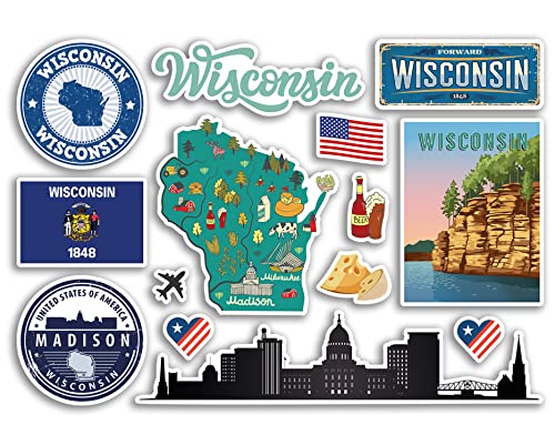 A5 Aufkleberbogen Wisconsin Sehenswürdigkeiten Vinyl Aufkleber – Amerika Staaten USA American Airport Briefmarken Skyline Flagge Karte Reise Urlaub Scrapbooking Stadt Gepäck #79186 von DV DESIGN