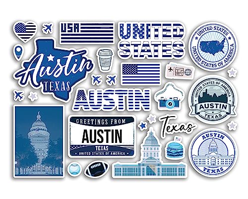 A5 Stickerbogen Austin Sehenswürdigkeiten Vinyl Aufkleber – Blau Texas Amerika Staaten USA Flagge Reise Urlaub Karte Stadt Scrapbook Ästhetisch #80597 von DV DESIGN