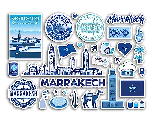 A5 Stickerbogen Marrakesch Sehenswürdigkeiten Vinyl Aufkleber – Blau Marokko Strand Flughafen Briefmarken Skyline Scrapbook Reise Urlaub Stadt Gepäck #80775 von DV DESIGN