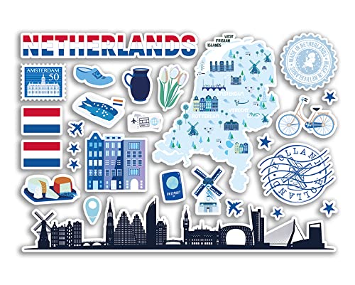 A5 Stickerbogen Niederlande Blaue Wahrzeichen Vinyl Aufkleber - Amsterdam Karte Flughafen Skyline Flagge Reise Urlaub Land Stadt Ästhetisch #80395 von DV DESIGN