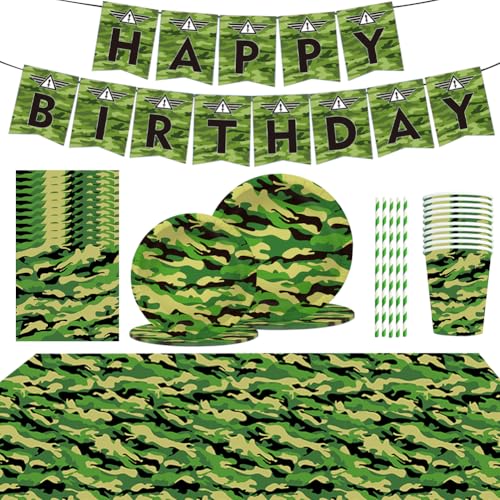 DVSWDMA Camouflage-Partygeschirr-Set, Camouflage-Partyzubehör, Dekorationen, mit Papptellern, Servietten, Pappbechern für Camouflage-Party-Dekorationen – 62 Stück von DVSWDMA