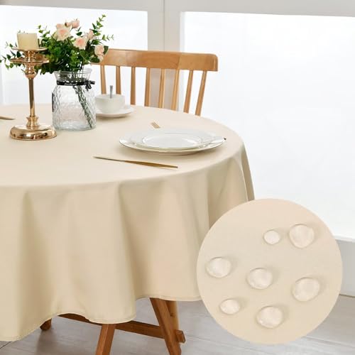 DWCN Beige Tischdecke Rund 120cm,Fleckschutz Abwaschbar Tischwäsche Wasserdicht Tischtuch für Esszimmer,Garten,Party,Hochzeiten oder Haushal von DWCN