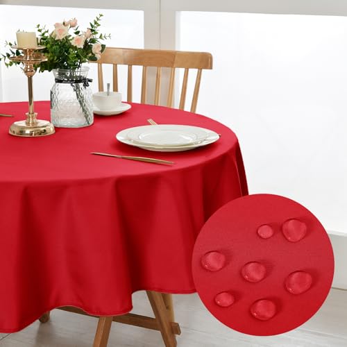 DWCN Rot Tischdecke,Rund 140cm,Fleckschutz Abwaschbar Tischwäsche Wasserdicht Tischtuch für Esszimmer,Garten,Party,Hochzeiten oder Haushal von DWCN