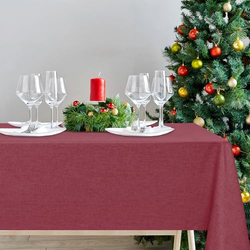 DWCN Rot Tischdecke Weihnachten Leinenoptik Abwaschbar Tischwäsche Wasserabweisend Tischtuch für Esszimmer, Garten, Party, Hochzeiten oder Haushalt,135x220cm von DWCN