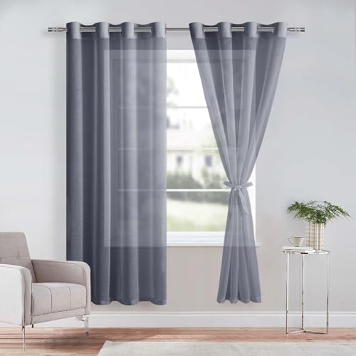 DWCN Sheer Voile Vorhang Transparente Gardine mit Ösen 2 Stücke Ösenschal für Wohnzimmer, Babyroom，Schlafzimmer, Dunkelgrau, 210x132cm(HxB) von DWCN