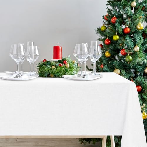 DWCN Weiß Tischdecke Weihnachten Leinenoptik Abwaschbar Tischwäsche Wasserabweisend Tischtuch für Esszimmer, Garten, Party, Hochzeiten oder Haushalt,160x320cm von DWCN