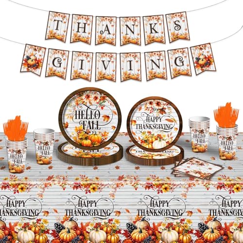 DWEARTY 123-teiliges Danksagungspappteller und Servietten-Set – Servieren Sie 20 – Einweggeschirr für den Herbst Thanksgiving Party Abendessen – Kürbis- und Ahornblatt-Muster von DWEARTY