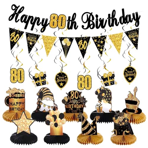 DWEARTY Happy 80th Birthday Banner 9 Birthday Tisch Wabenaufsatz Dekorationen und 6 hängende Wirbel - 80. Geburtstag Dekorationen für Männer & Frauen Geburtstag Party Supplies - Schwarz Gold von DWEARTY