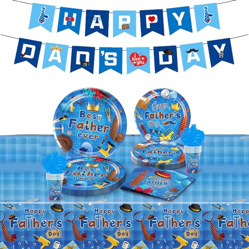 DWEARTY Happy Fathers Day Decorations for Table - 75 Father Day Party Supplies - Include Happy Father's Day Banner, Napkins, Plates, Tableware, Cups, and Tablecloth von DWEARTY