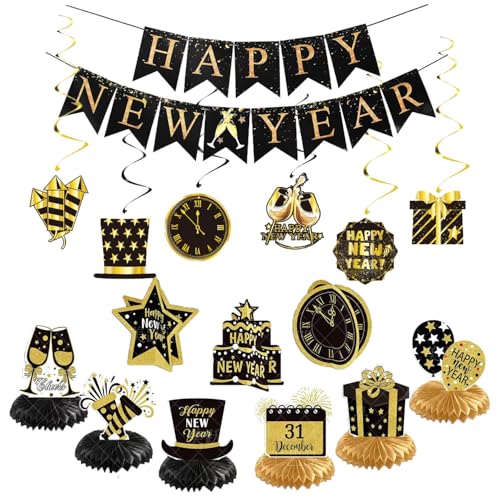 DWEARTY Happy New Year Banner 2025, 6 hängende Wirbel & 9 Waben-Tischdekorationen - Schwarz und Gold Silvester Dekoration Pack - Nye Party Banner Decor Kit von DWEARTY