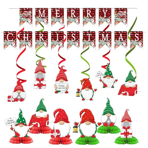 DWEARTY Merry Christmas Banner Indoor - Xmas Party Banner, 6 Tischwaben und 6 hängende Wirbel Dekorationen - Rot und Grün Urlaub Kaminsims, Kamin Home Decor von DWEARTY