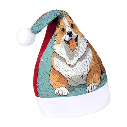 DWTJKMS Corgi Weihnachtsmütze mit süßem Hund, klassischer Pelz, Weihnachtsmütze, dick, mit Pailletten, lustige Wintermütze von DWTJKMS