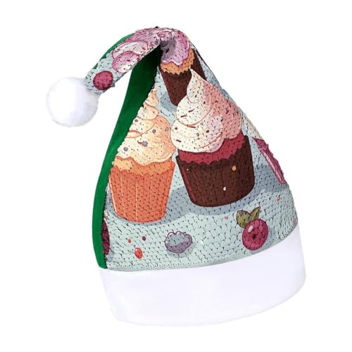 DWTJKMS Delicious Cupcakes Weihnachtsmannmütze, klassische Fell-Weihnachtsmütze, dicke Weihnachtsmütze mit Pailletten, lustige Wintermütze von DWTJKMS