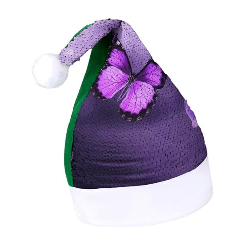 DWTJKMS Lila Schmetterling Weihnachtsmannmütze Klassische Pelz Weihnachtsmütze Dicke Xmas Party Hut mit Pailletten Lustige Urlaub Winter Cap von DWTJKMS