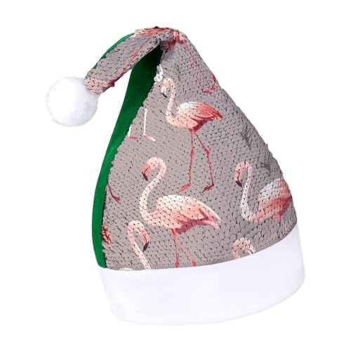 DWTJKMS Weihnachtsmütze mit Flamingo-Muster, klassische Fell-Weihnachtsmütze, dick, mit Pailletten, lustige Wintermütze von DWTJKMS