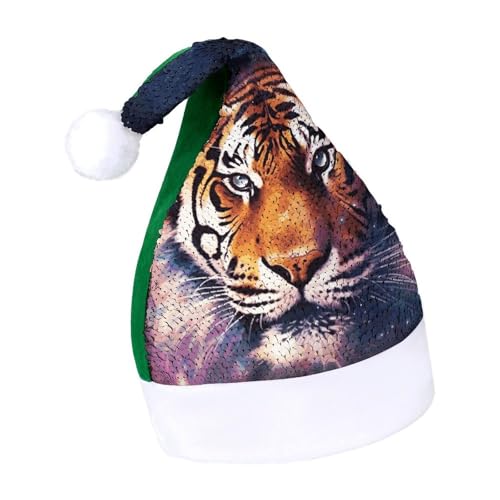 DWTJKMS Weihnachtsmütze mit Galaxie-Tiger-Motiv, klassische Fell-Weihnachtsmütze mit Pailletten, lustige Wintermütze von DWTJKMS