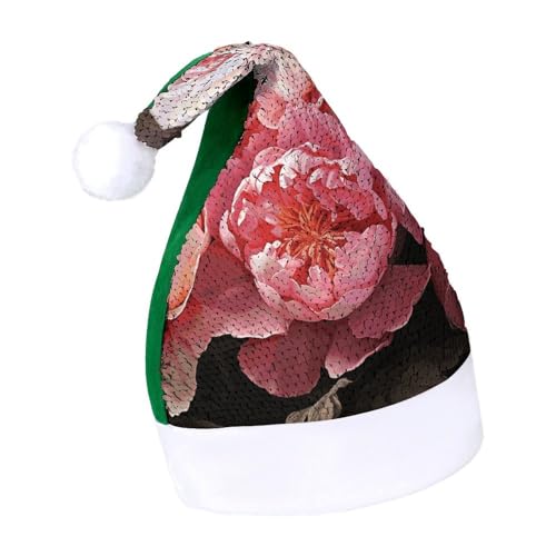 DWTJKMS Weihnachtsmütze mit Pfingstrosen, Blumen, Blüte, klassischer Pelz, Weihnachtsmütze mit Pailletten, lustige Wintermütze von DWTJKMS