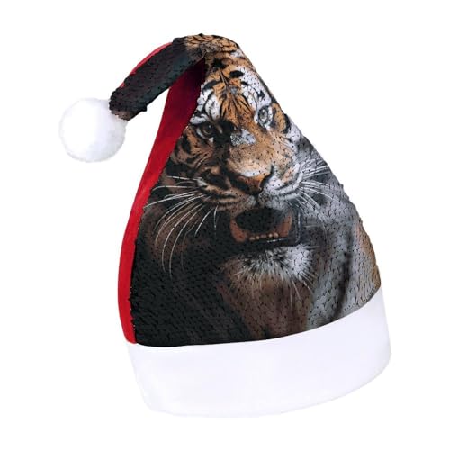 DWTJKMS Weihnachtsmütze mit Tiger-Motiv im Käfig, klassische Fell-Weihnachtsmütze, dicke Weihnachtsmütze mit Pailletten, lustige Wintermütze von DWTJKMS