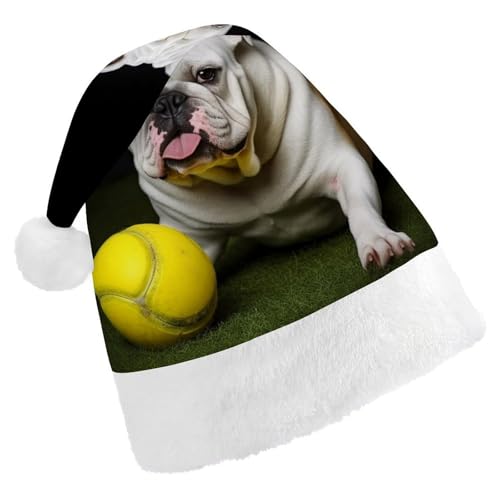 DWVSFJM Bulldogge mit gelbem Ball, Weihnachtsmannmütze, weiche Weihnachtsmütze für Erwachsene, waschbar, Uni, stilvolle Urlaubsmütze von DWVSFJM