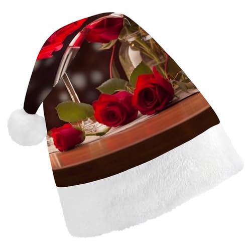 DWVSFJM Weihnachtsmütze mit Rosen und Weingläsern, weiche Weihnachtsmütze für Erwachsene, waschbar, Uni, stilvolle Urlaubskappe von DWVSFJM