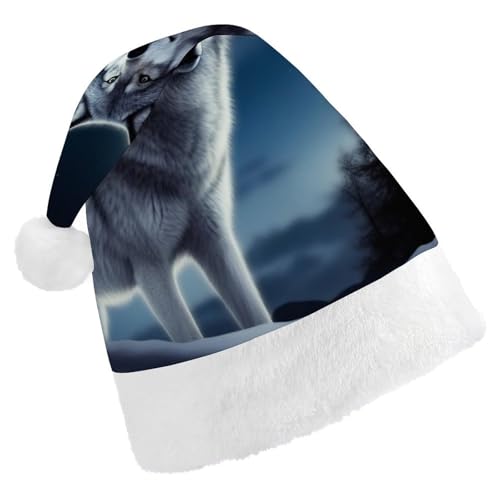 DWVSFJM Weihnachtsmütze mit Wolf-Motiv unter dem Mond, weich, waschbar, Uni, stilvolle Urlaubsmütze von DWVSFJM