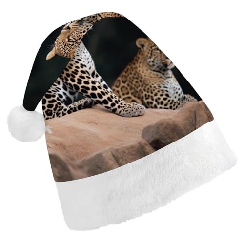 DWVSFJM Weihnachtsmütze mit afrikanischem Leopard auf Felsen, weiche Weihnachtsmütze für Erwachsene, waschbar, Uni, stilvolle Urlaubsmütze von DWVSFJM