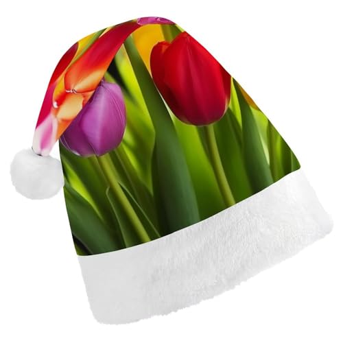 DWVSFJM Weihnachtsmütze mit bunten Tulpen, weiche Weihnachtsmütze für Erwachsene, waschbar, Uni, stilvolle Urlaubsmütze von DWVSFJM