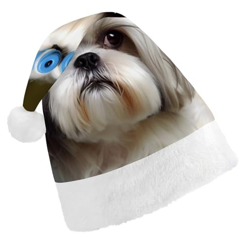 Shih Tzu Hunde-Weihnachtsmannmütze, weich, für Erwachsene, waschbar, Uni, stilvolle Urlaubsmütze von DWVSFJM