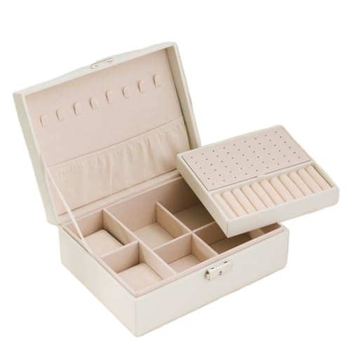 DWZXL Schmuckkästchen Doppelschichtige Schmuckschatulle Aus Leder, Schmuckschatulle For Ohrringe, Halsketten, Handschmuck Mit Schloss, Schmuckaufbewahrungsbox Schmuckbox(White) von DWZXL