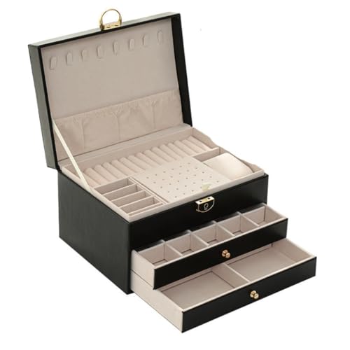 DWZXL Schmuckkästchen Schlichte, Leichte, Luxuriöse Dreilagige Schmuckschatulle Aus PU-Leder Mit Zwei Schubladen, Aufbewahrungsbox For Prinzessinnen-Schmuck Schmuckbox(Black) von DWZXL