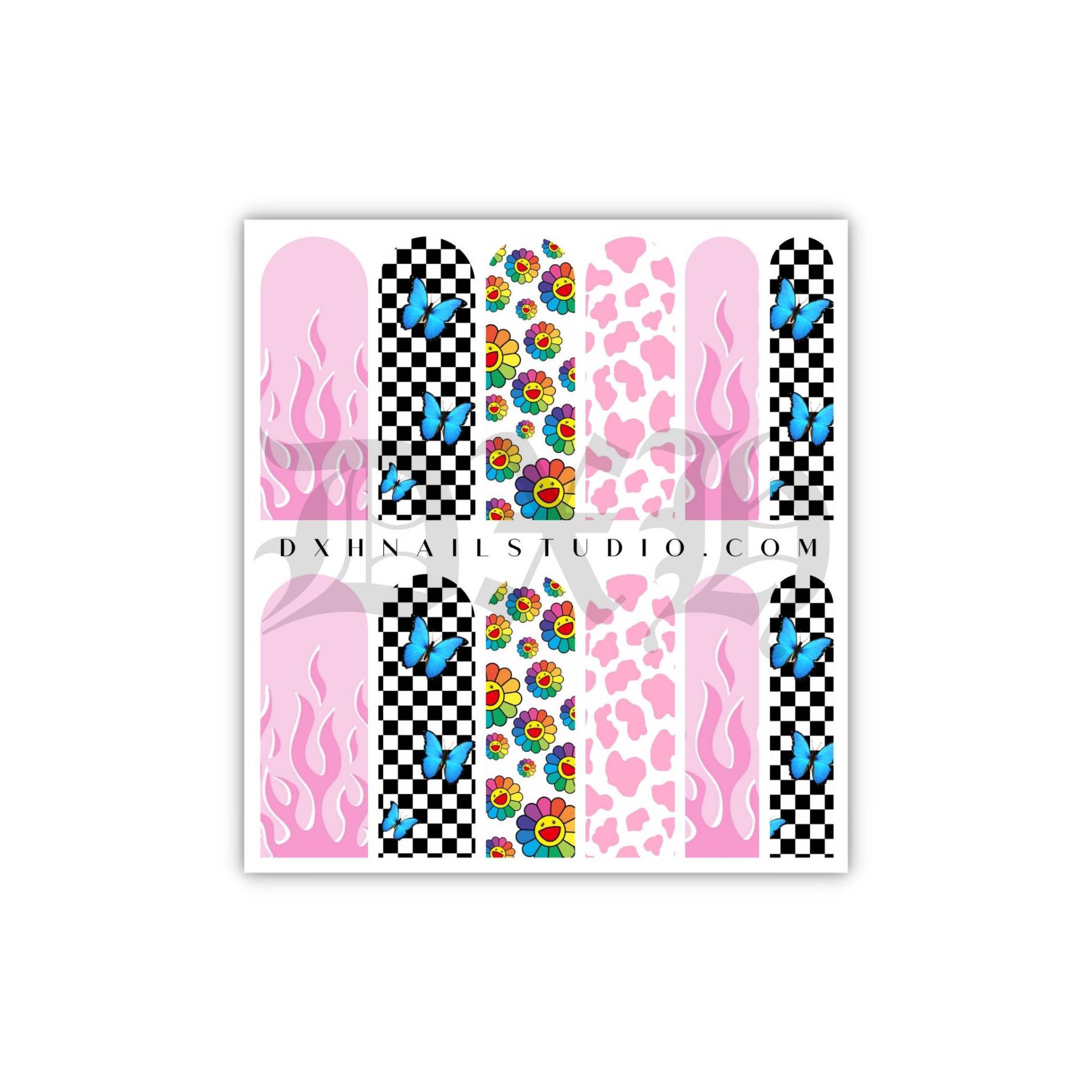 Unentschlossen Mix Match Design Pink Flame Smiley Nail Decals - Xl Wraps Wassertransfer Karierter Schmetterling Nagel Zubehör von DXHNAILCO