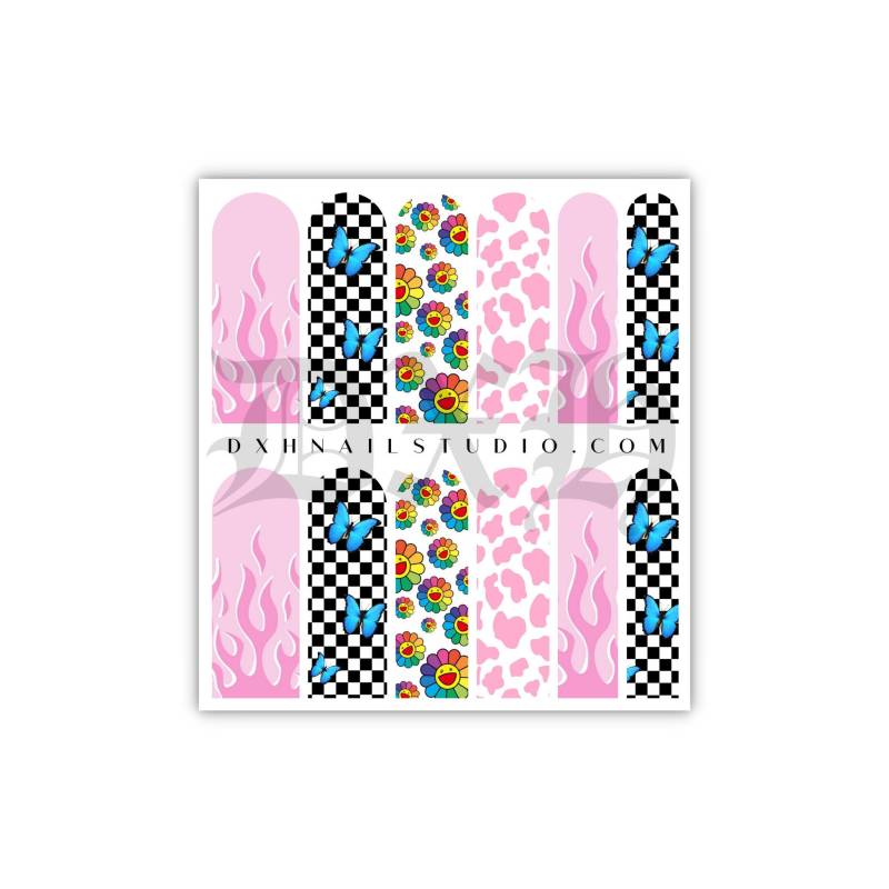 Unentschlossen Mix Match Design Pink Flame Smiley Nail Decals - Xl Wraps Wassertransfer Karierter Schmetterling Nagel Zubehör von DXHNAILCO