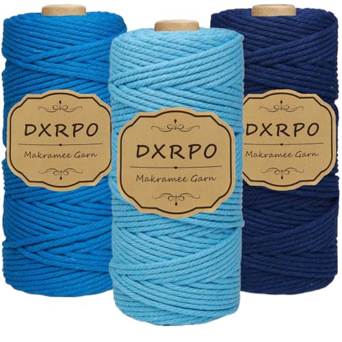 DXRPO Premium Makramee Garn Set, 3 Stück 3mm x 100m Macrame Cord,Baumwollgarn Macrame Garn für DIY Handwerk, Hängepflanzen,Weihnachten,Boho Deko(Hellblau, Blau, Dunkelblau) von DXRPO