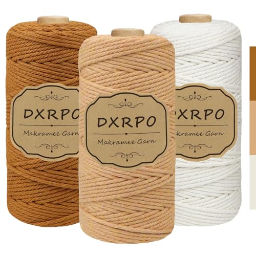 DXRPO Premium Makramee Garn Set, 3 Stück 3mm x 100m Macrame Cord,Baumwollgarn Macrame Garn für DIY Handwerk, Hängepflanzen,Weihnachten,Boho Deko(Natur, Braun, Dunkelbraun) von DXRPO