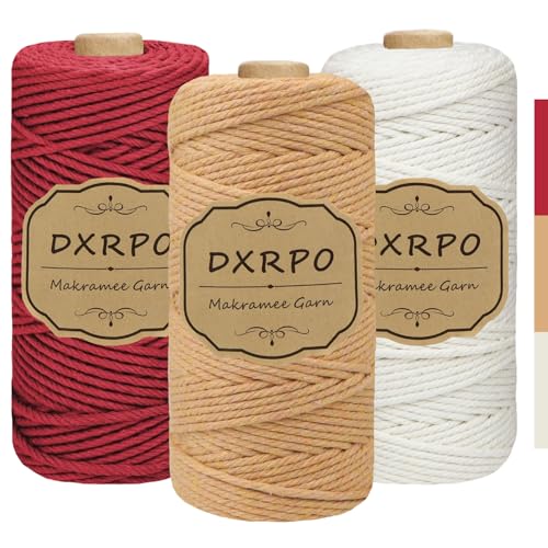 DXRPO Premium Makramee Garn Set, 3 Stück 3mm x 100m Macrame Cord,Baumwollgarn Macrame Garn für DIY Handwerk, Hängepflanzen,Weihnachten,Boho Deko(Natur, Braun, Dunkelrot) von DXRPO