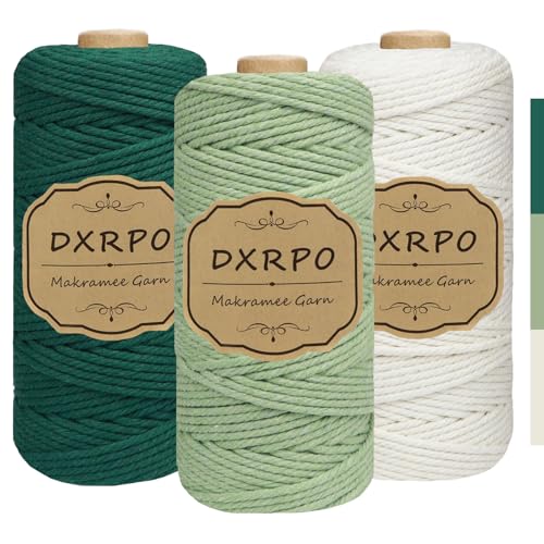 DXRPO Premium Makramee Garn Set, 3 Stück 3mm x 100m Macrame Cord,Baumwollgarn Macrame Garn für DIY Handwerk, Hängepflanzen,Weihnachten,Boho Deko(Natur, Hellgrün, Dunkelgrün) von DXRPO