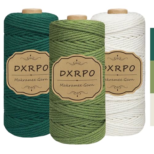 DXRPO Premium Makramee Garn Set, 3 Stück 3mm x 100m Macrame Cord,Baumwollgarn Macrame Garn für DIY Handwerk, Hängepflanzen,Weihnachten,Boho Deko(Natur, Olivgrün, Dunkelgrün) von DXRPO