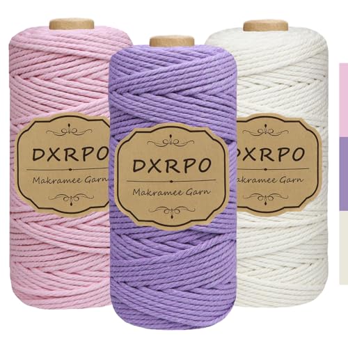 DXRPO Premium Makramee Garn Set, 3 Stück 3mm x 100m Macrame Cord,Baumwollgarn Macrame Garn für DIY Handwerk, Hängepflanzen,Weihnachten,Boho Deko(Natur, Rosa, Violett) von DXRPO