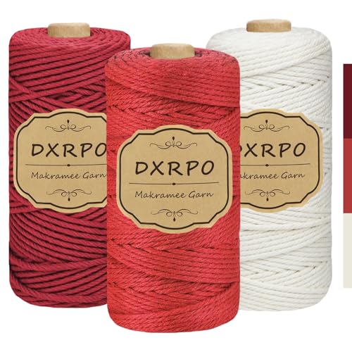 DXRPO Premium Makramee Garn Set, 3 Stück 3mm x 100m Macrame Cord,Baumwollgarn Macrame Garn für DIY Handwerk, Hängepflanzen,Weihnachten,Boho Deko(Natur, Rot, Dunkelrot) von DXRPO