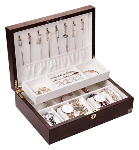 DXYOYONGOZ Schmuckkasten, Schmuckschatulle, Schmuckkästchen, 2-lagiger großer Schmuck-Aufbewahrungskoffer, Schmuck-Organizer for Halskette, Ohrringe, Ringe, Armbänder, Uhr(Walnut) von DXYOYONGOZ