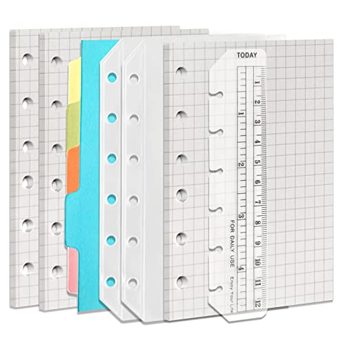 DY.2ten A7 Notizbuch-Nachfüllset mit 6 Löchern, 135 Blatt (270 Seiten) Grafikpapier + 2 A7-Reißverschlusstaschen + 5 A7-Trennblätter + Lineal, für Filofax A7 Nachfüllblätter von DY.2ten